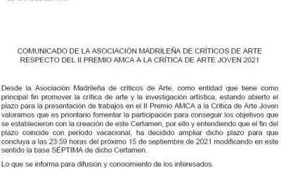 COMUNICADO DE LA ASOCIACIÓN MADRILEÑA DE CRÍTICOS DE ARTE RESPECTO DEL II PREMIO AMCA A LA CRÍTICA DE ARTE JOVEN 2021